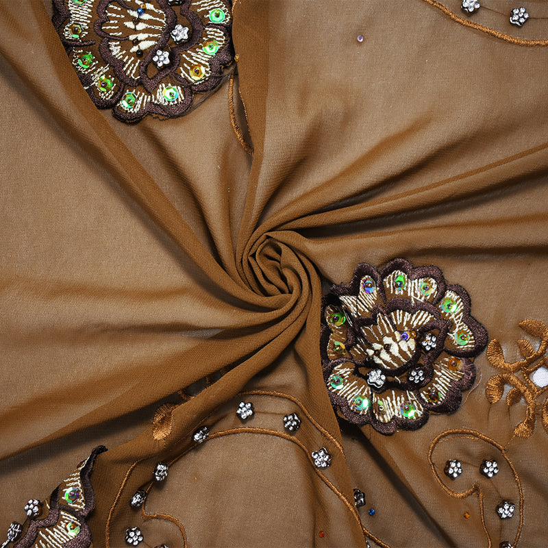 Brown-Multi Poly Embroidered Floral Beaded Rhinestone Scallop Chiffon Fabric