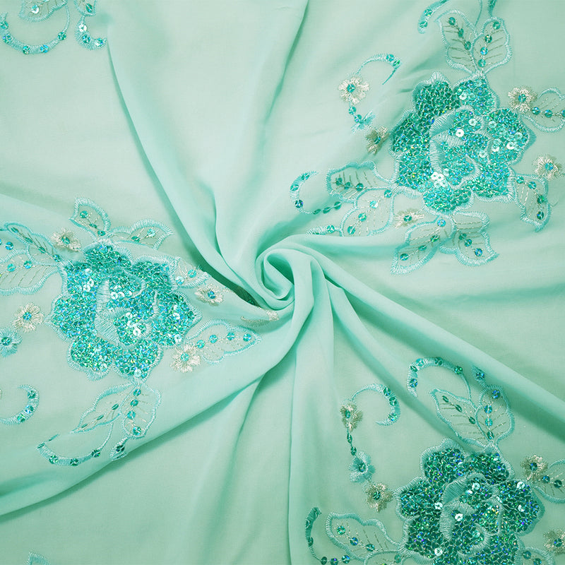 Aqua-Silver Nylon Embroidered Floral Sequined Scallop Chiffon Woven Fabric
