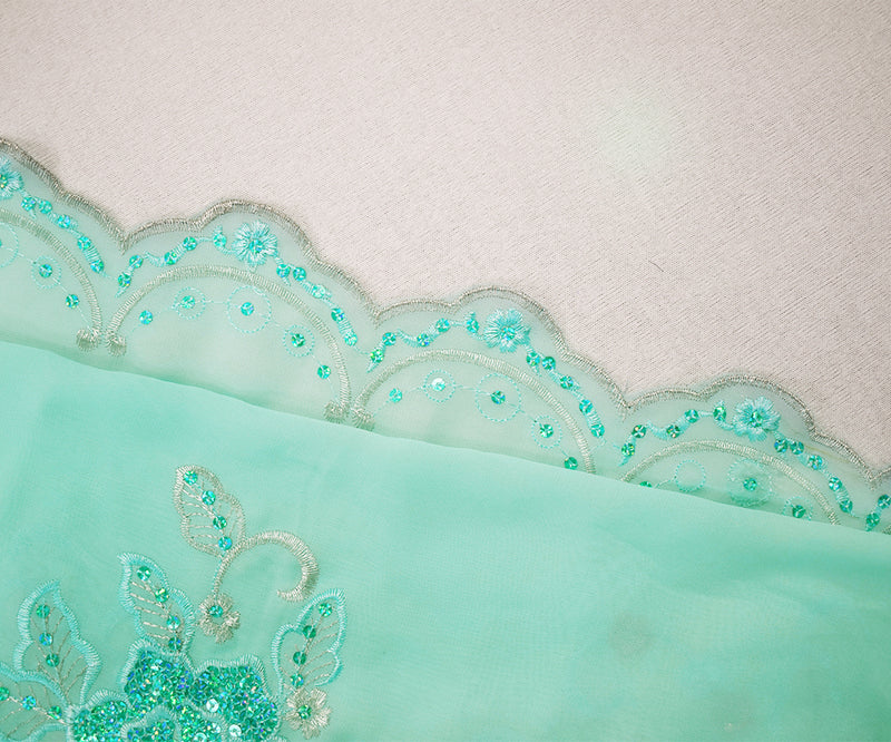 Aqua-Silver Nylon Embroidered Floral Sequined Scallop Chiffon Woven Fabric