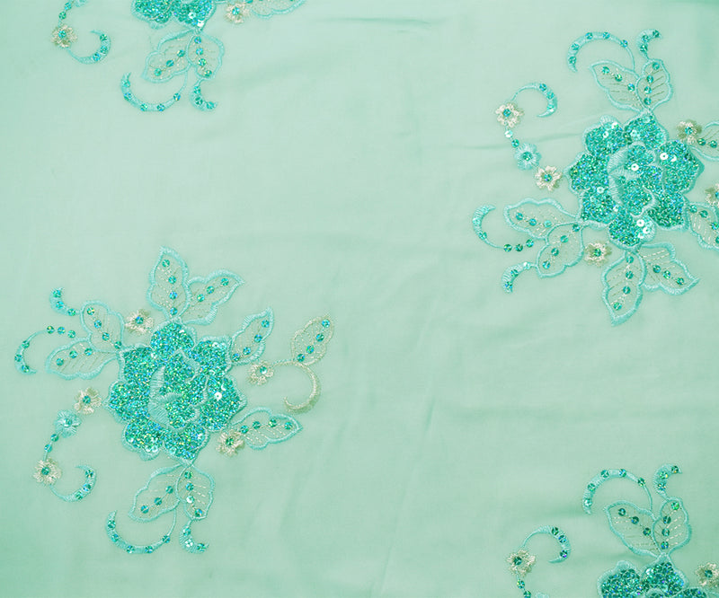 Aqua-Silver Nylon Embroidered Floral Sequined Scallop Chiffon Woven Fabric