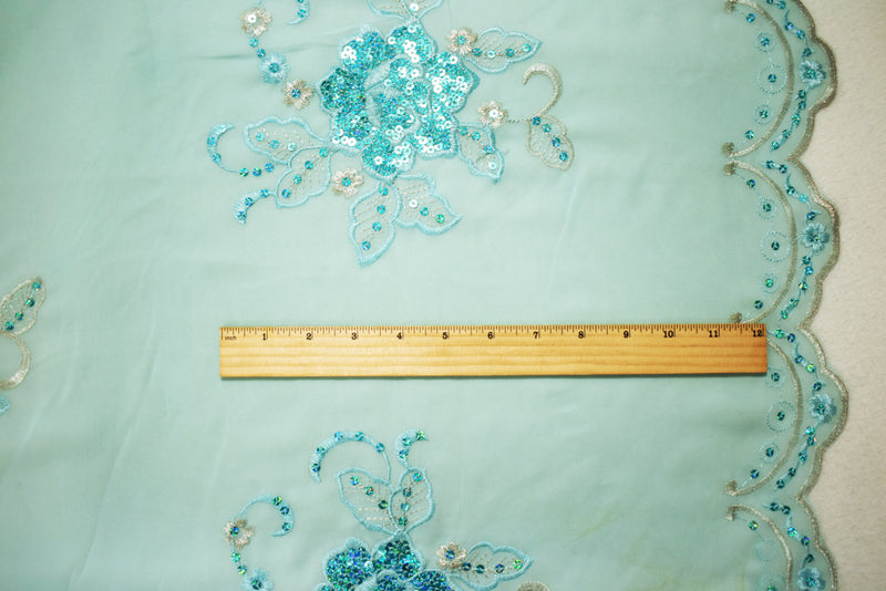 Aqua-Silver Nylon Embroidered Floral Sequined Scallop Chiffon Woven Fabric