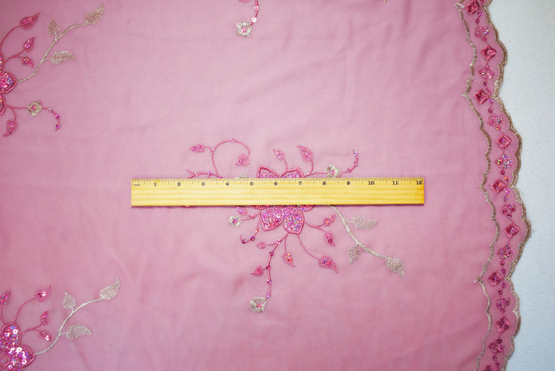 Mauve Pink-Silver Polyester Embroidered Floral Sequin Scallop Chiffon Woven Fabric