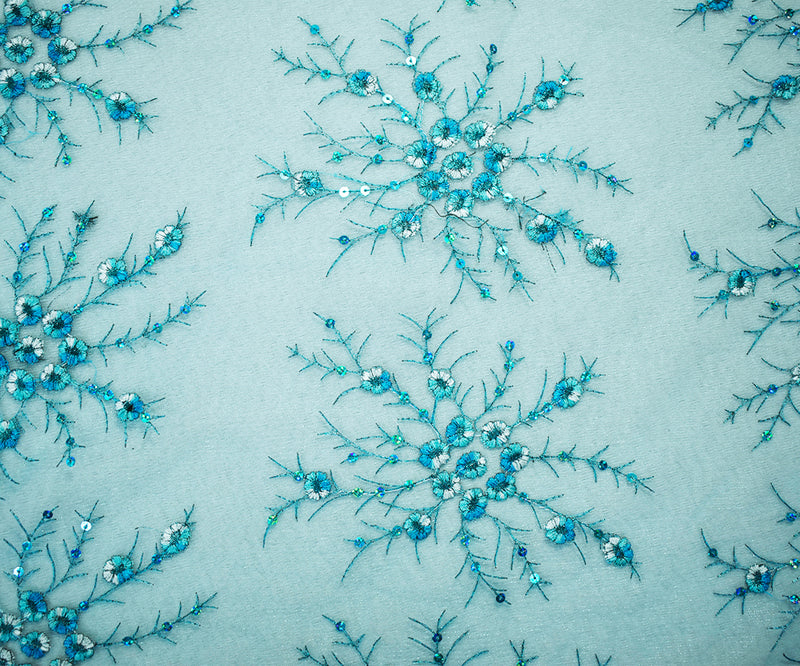 Aqua Teal-White Nylon Embroidered Floral Sequin Scallop Mesh Tulle Fabric