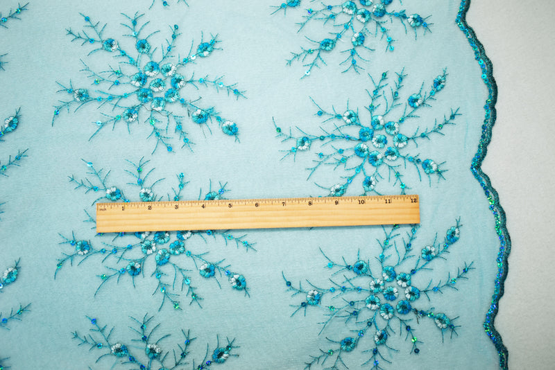Aqua Teal-White Nylon Embroidered Floral Sequin Scallop Mesh Tulle Fabric