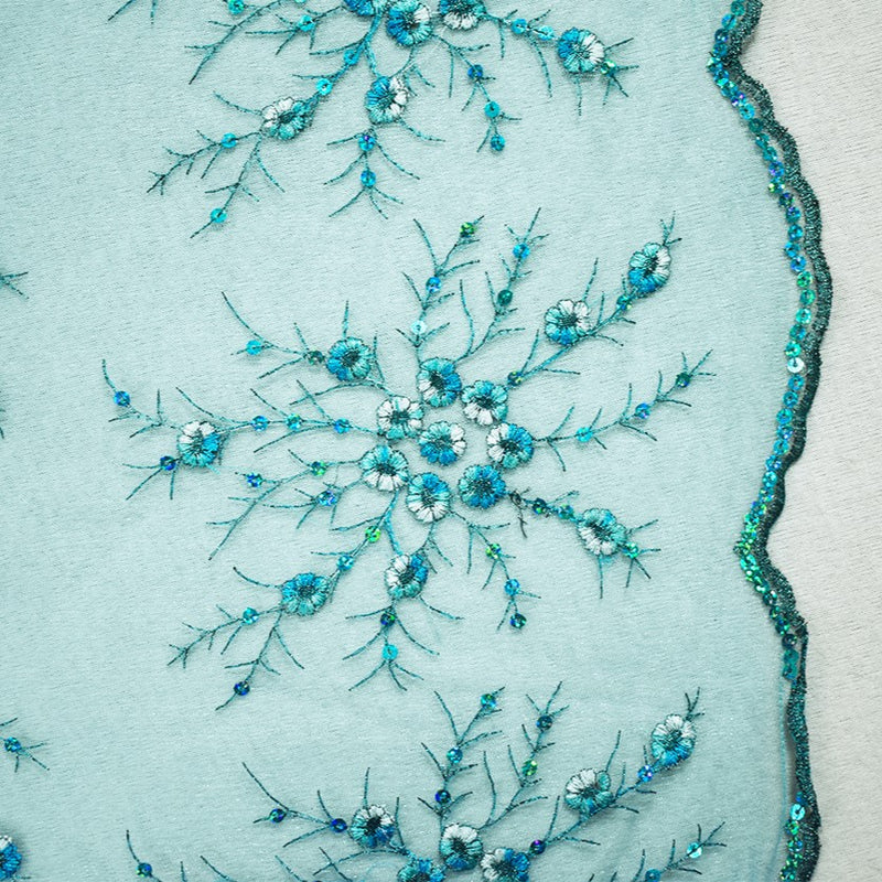 Aqua Teal-White Nylon Embroidered Floral Sequin Scallop Mesh Tulle Fabric
