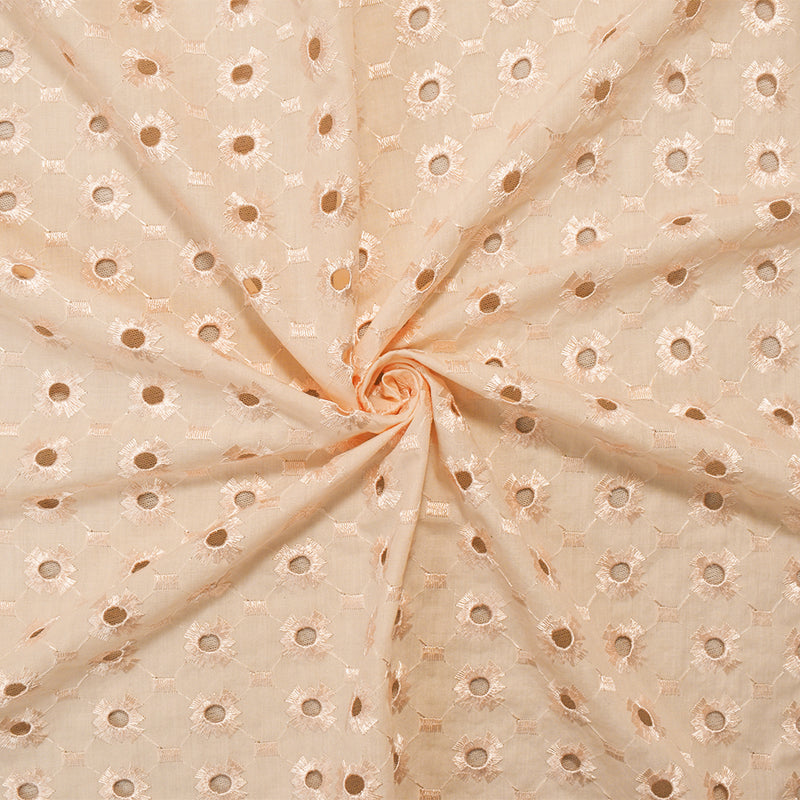 Beige Poly-Cotton Embroidered Abstract Pixel Eyelet Scallop Woven Fabric