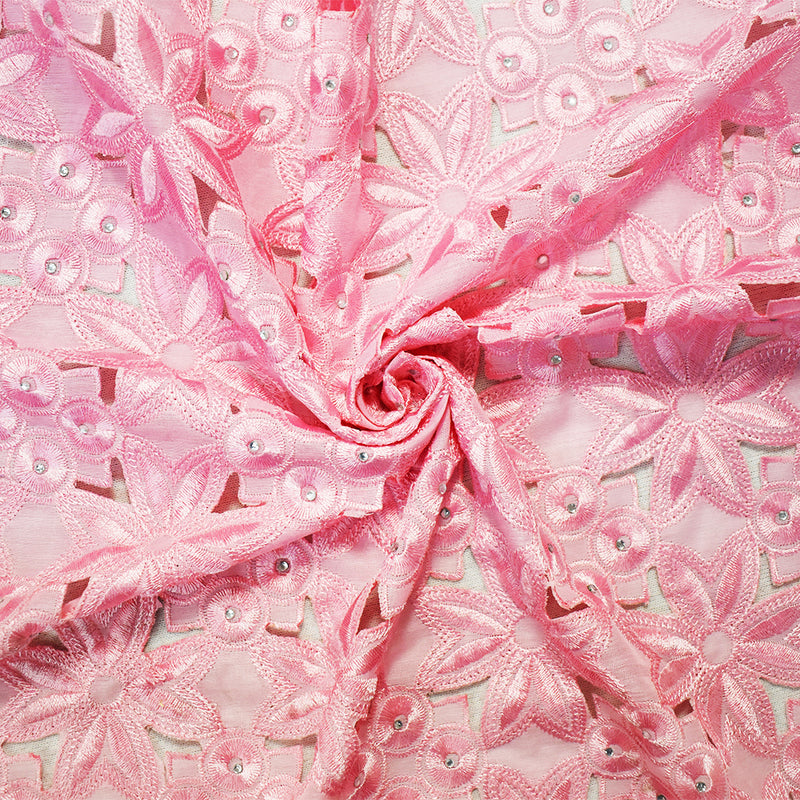 Pastel Pink Polyester Floral Circle Scalloped Rhinestone Woven Fabric
