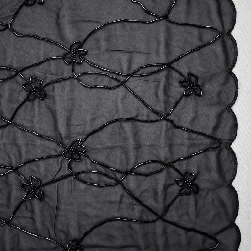 Black Polyester Beaded Floral Vine Embroidered Scallop Chiffon Woven Fabric