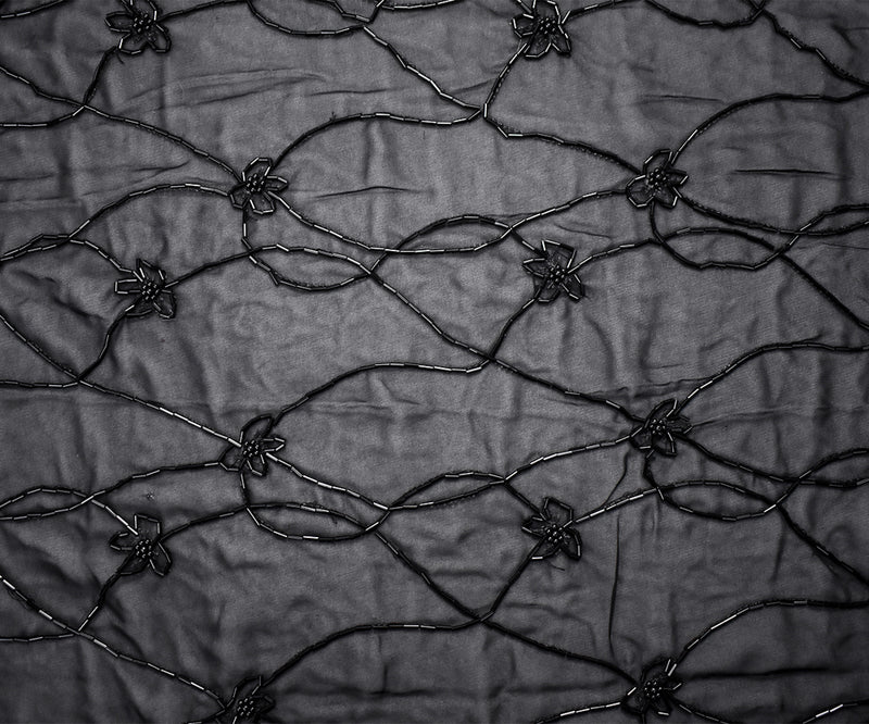 Black Polyester Beaded Floral Vine Embroidered Scallop Chiffon Woven Fabric