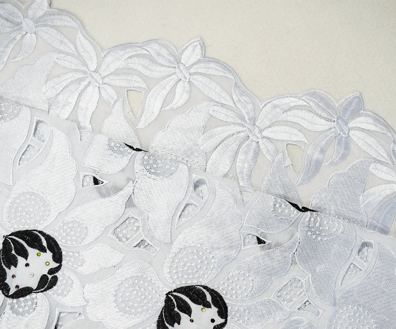 White-Multi Poly Embroidered Floral Scallop Rhinestone Woven Fabric