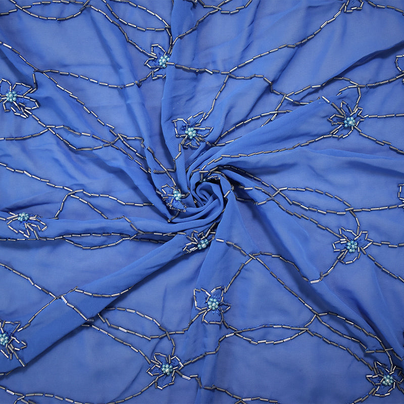 3 1/2 YD PC-Blue Polyester Beaded Floral Vine Embroidered Scallop Chiffon Woven Fabric