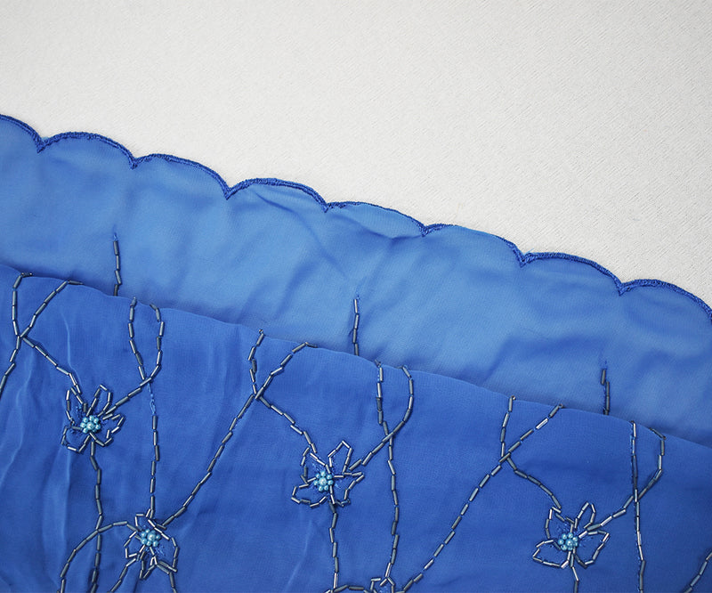 3 1/2 YD PC-Blue Polyester Beaded Floral Vine Embroidered Scallop Chiffon Woven Fabric