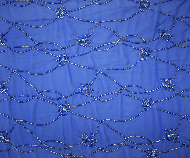 3 1/2 YD PC-Blue Polyester Beaded Floral Vine Embroidered Scallop Chiffon Woven Fabric
