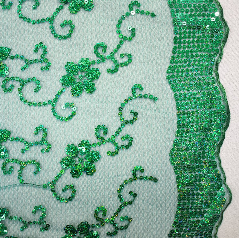 Green Nylon Embroidered Floral Sequin Scallop Tulle Mesh Fabric