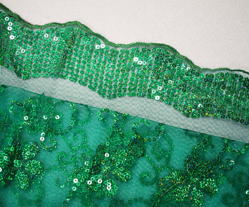 Green Nylon Embroidered Floral Sequin Scallop Tulle Mesh Fabric
