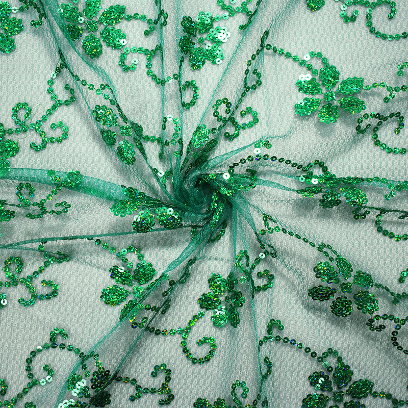 Green Nylon Embroidered Floral Sequin Scallop Tulle Mesh Fabric