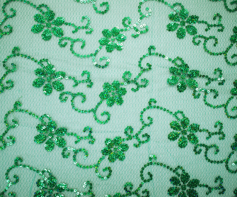 Green Nylon Embroidered Floral Sequin Scallop Tulle Mesh Fabric