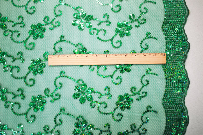 Green Nylon Embroidered Floral Sequin Scallop Tulle Mesh Fabric