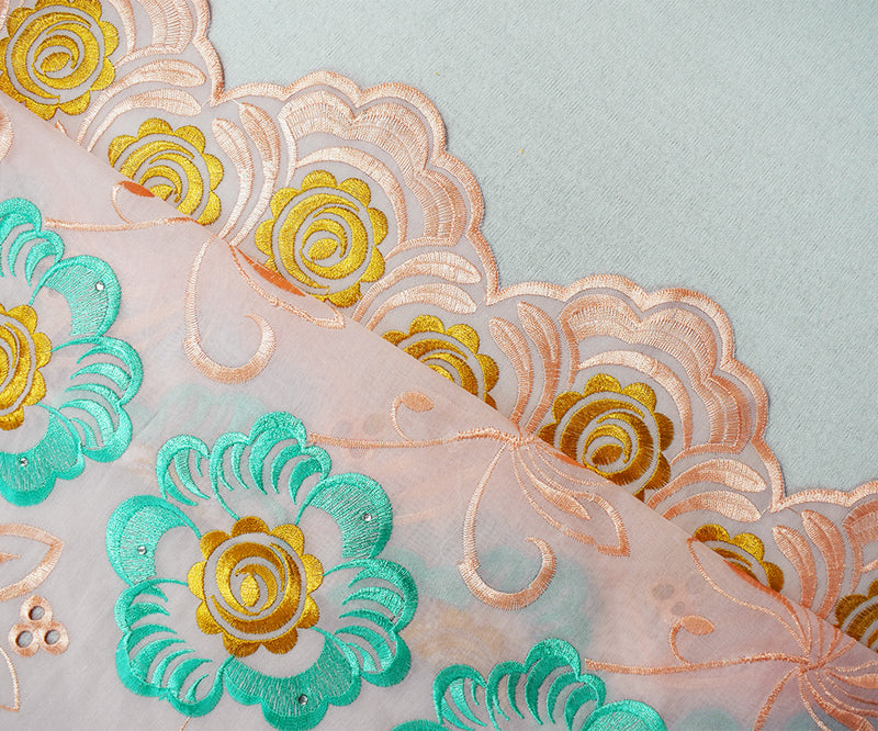 Coral Orange-Multi Poly Embroidered Floral Scallop Rhinestone Woven Fabric