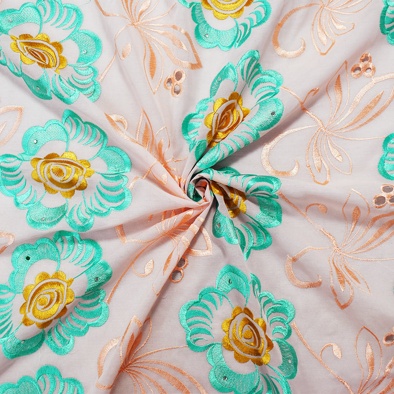 Coral Orange-Multi Poly Embroidered Floral Scallop Rhinestone Woven Fabric