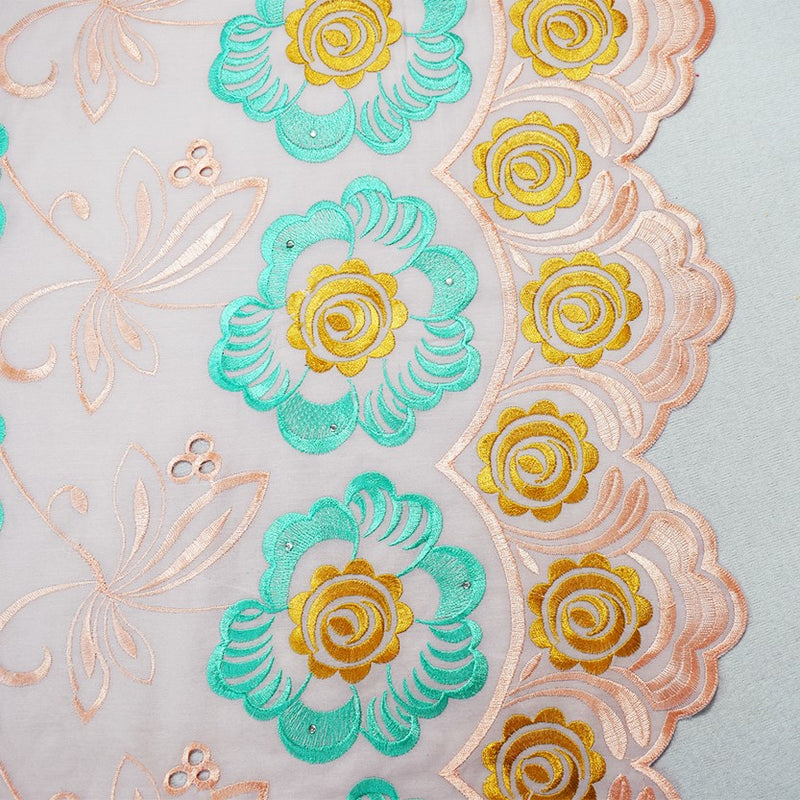 Coral Orange-Multi Poly Embroidered Floral Scallop Rhinestone Woven Fabric