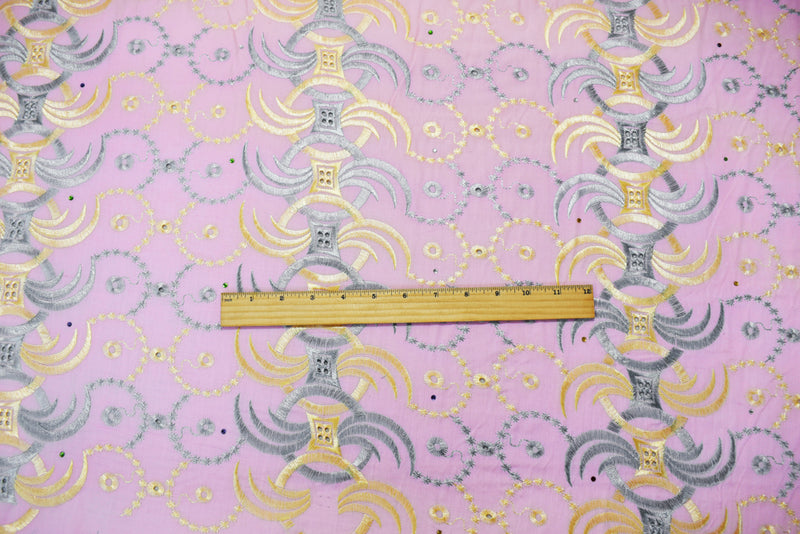 3 1/8 YD PC-Pink-Multi Poly Embroidered Abstract Scallop Rhinestone Woven Fabric