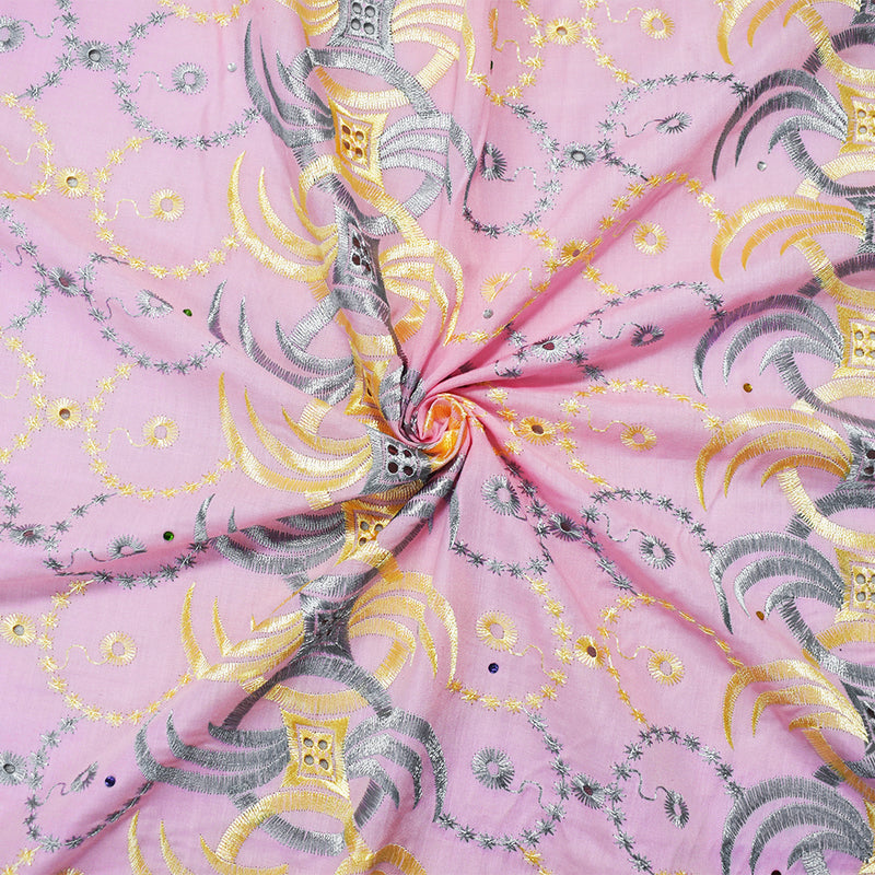 Pink-Multi Poly Embroidered Abstract Scallop Rhinestone Woven Fabric