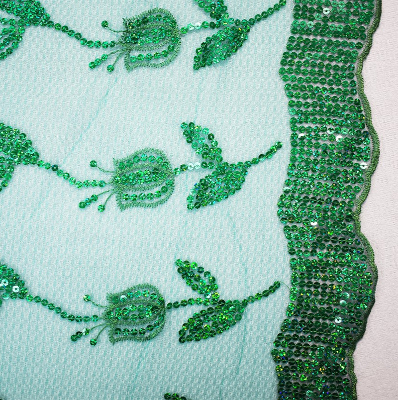 Green Nylon Embroidered Floral Tullip Sequin Scallop Tulle Mesh Fabric