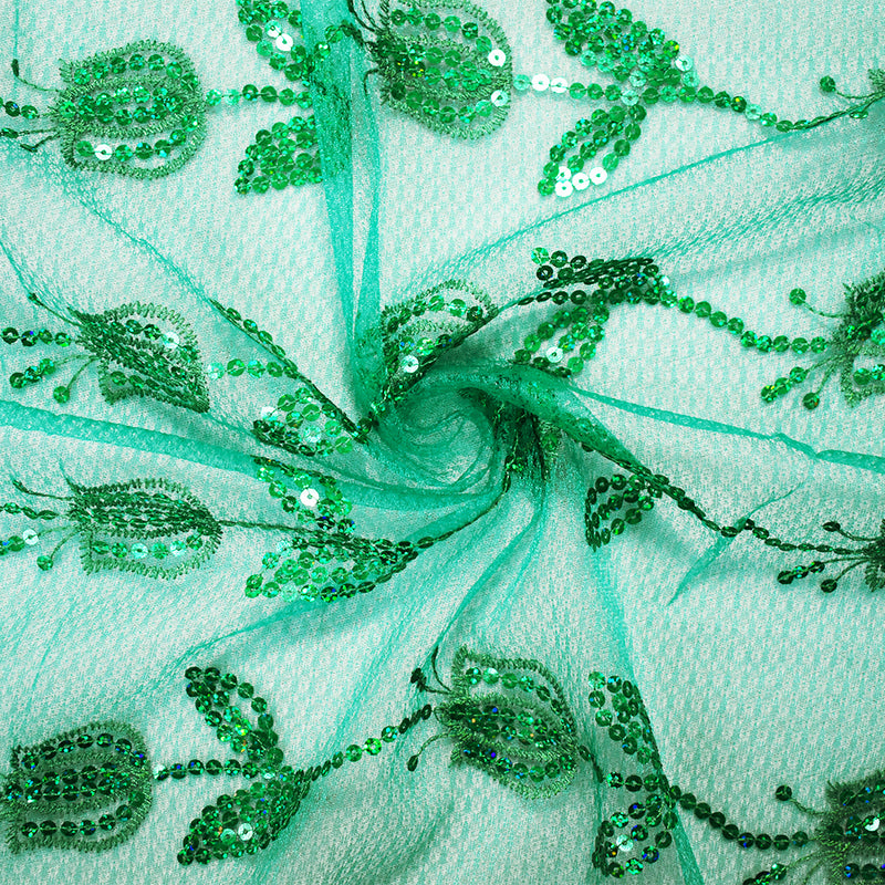 Green Nylon Embroidered Floral Tullip Sequin Scallop Tulle Mesh Fabric