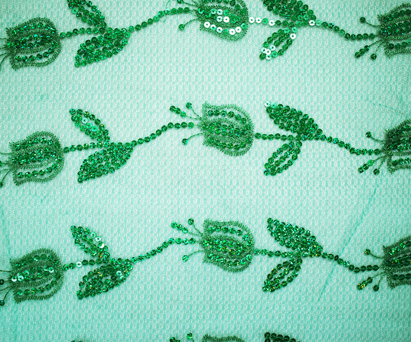 Green Nylon Embroidered Floral Tullip Sequin Scallop Tulle Mesh Fabric
