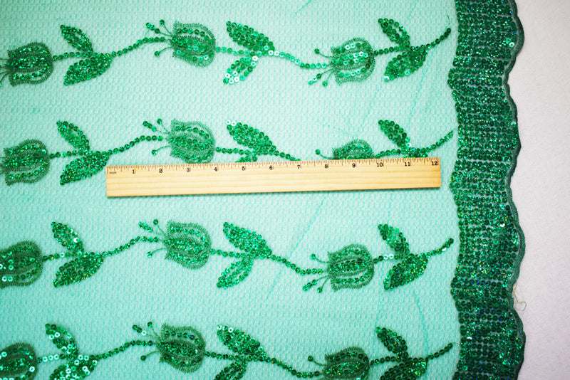 Green Nylon Embroidered Floral Tullip Sequin Scallop Tulle Mesh Fabric