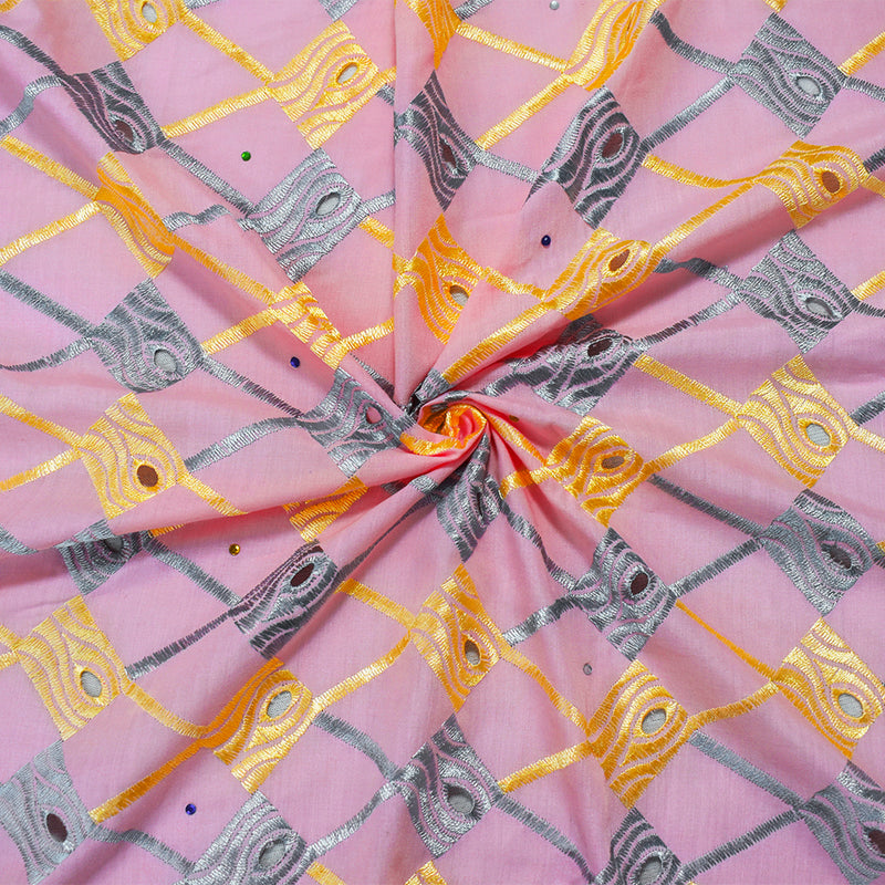Pink-Multi Poly Embroidered Abstract Scallop Rhinestone Woven Fabric