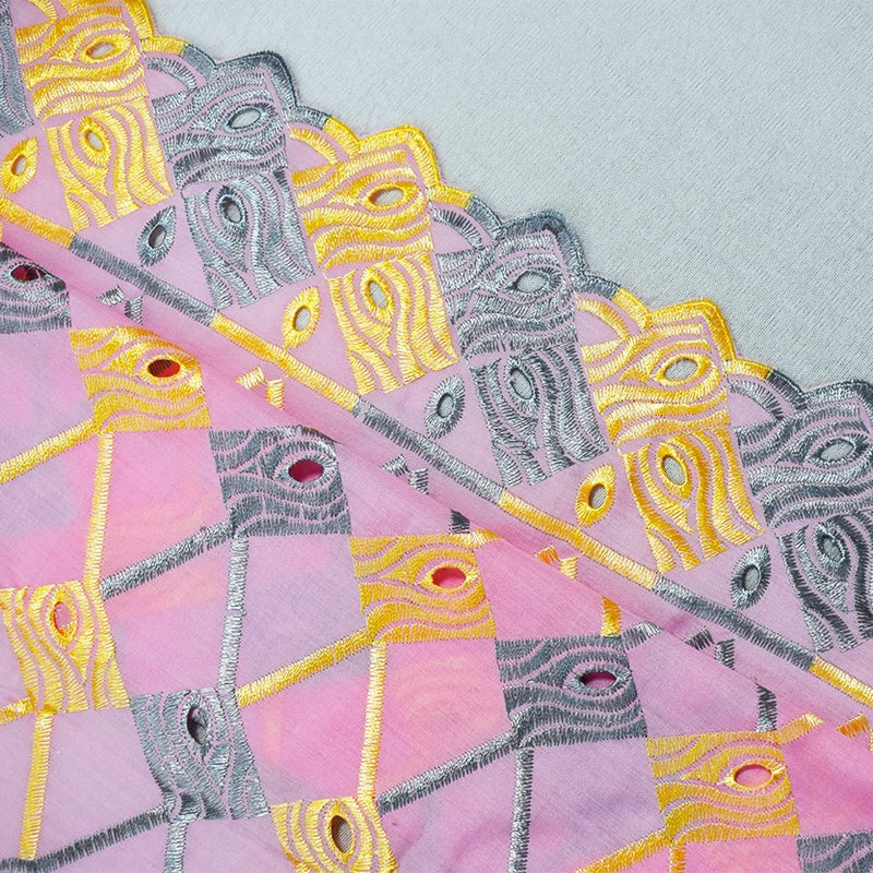 Pink-Multi Poly Embroidered Abstract Scallop Rhinestone Woven Fabric
