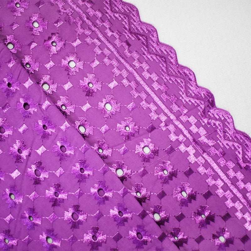 Purple Poly-Cotton Embroidered Geometric Pixel Scallop Woven Fabric