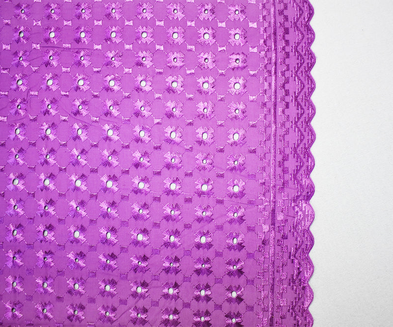 Purple Poly-Cotton Embroidered Geometric Pixel Scallop Woven Fabric