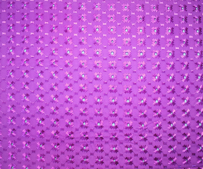 Purple Poly-Cotton Embroidered Geometric Pixel Scallop Woven Fabric