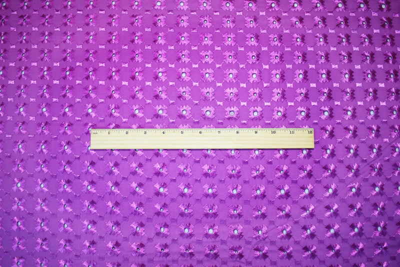 Purple Poly-Cotton Embroidered Geometric Pixel Scallop Woven Fabric