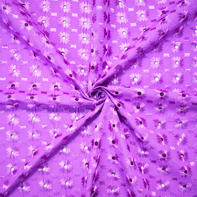 Purple Poly-Cotton Embroidered Geometric Pixel Scallop Woven Fabric