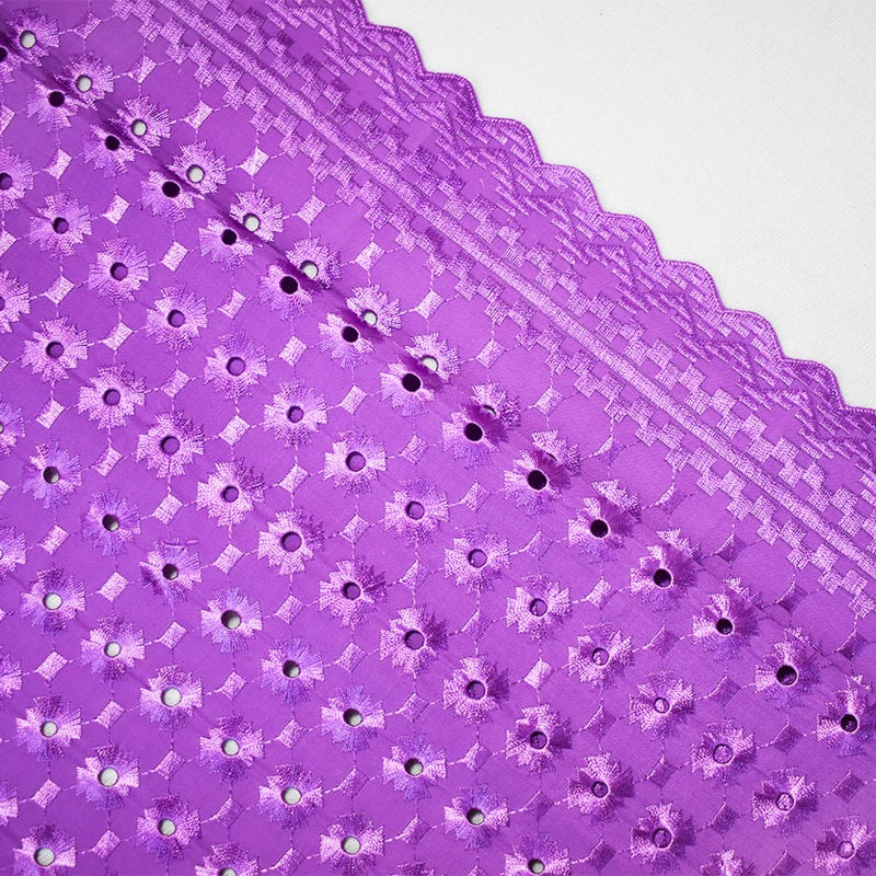 Purple Poly-Cotton Embroidered Geometric Pixel Scallop Woven Fabric