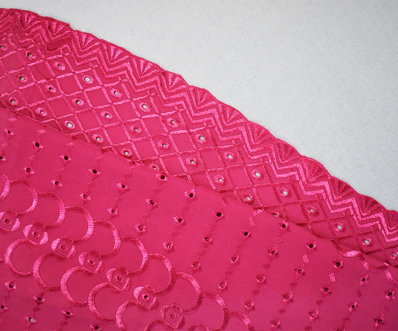 Pink Poly-Cotton Embroidered Abstract Eyelet Scallop Woven Fabric