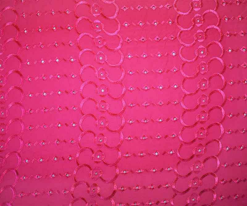 Pink Poly-Cotton Embroidered Abstract Eyelet Scallop Woven Fabric