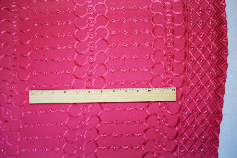 Pink Poly-Cotton Embroidered Abstract Eyelet Scallop Woven Fabric