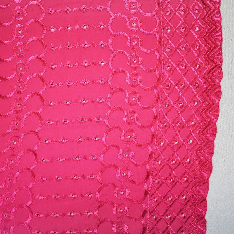 Pink Poly-Cotton Embroidered Abstract Eyelet Scallop Woven Fabric