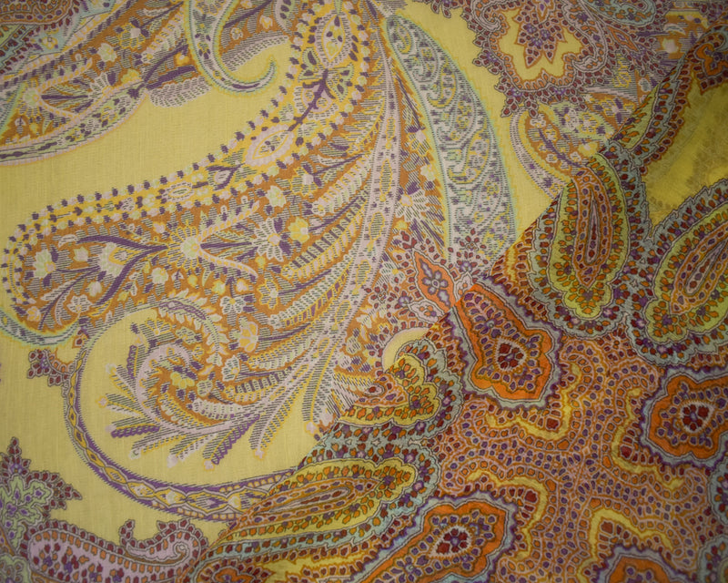 Yellow-Beige-Multi Poly Paisley Printed Crinkle Yoryu Chiffon Woven Fabric