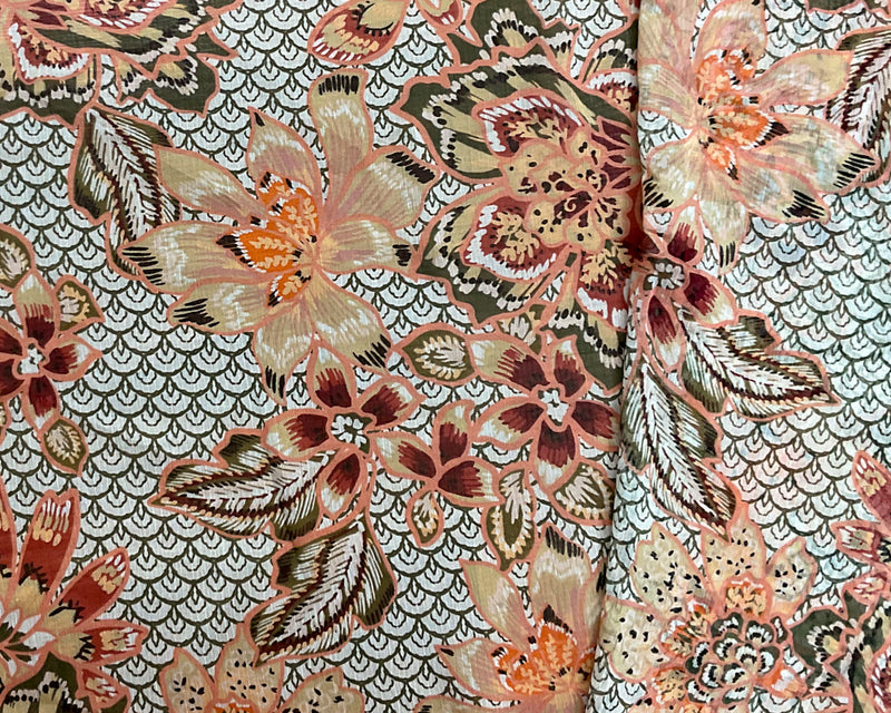 Orange-Green-Multi Poly Floral Printed Crinkle Yoryu Chiffon Woven Fabric