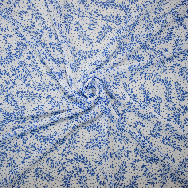 White-Blue Poly Leaves Printed Crinkle Yoryu Chiffon Woven Fabric