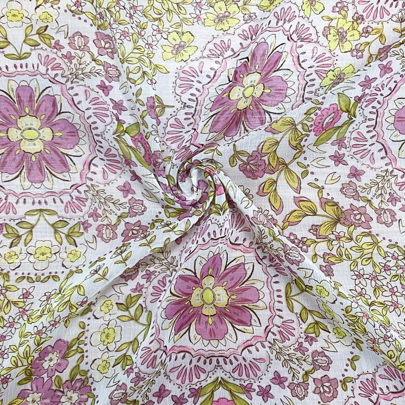 Pink-Yellow-Multi Poly Floral Printed Crinkle Yoryu Chiffon Woven Fabric