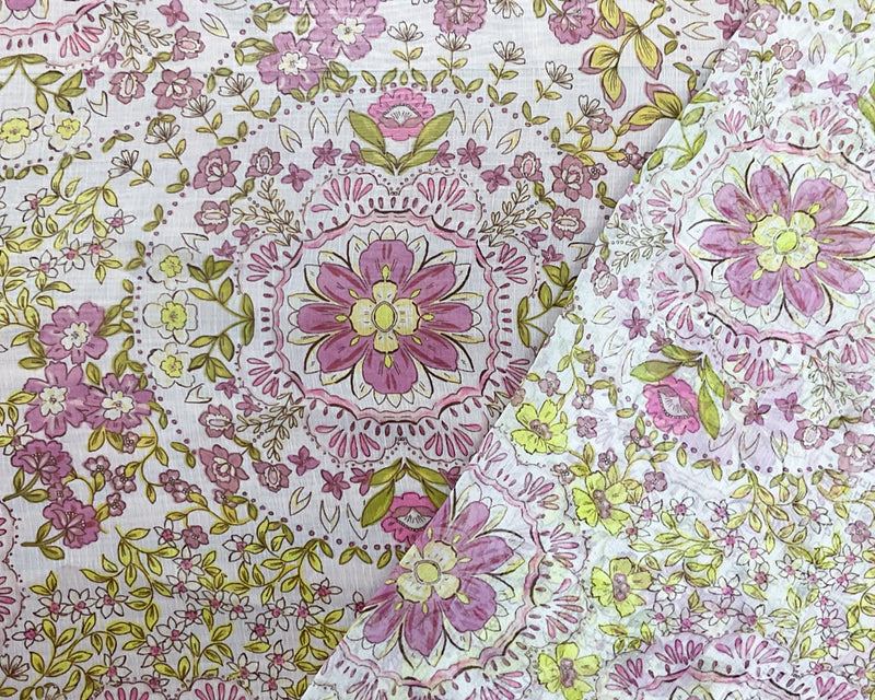 Pink-Yellow-Multi Poly Floral Printed Crinkle Yoryu Chiffon Woven Fabric