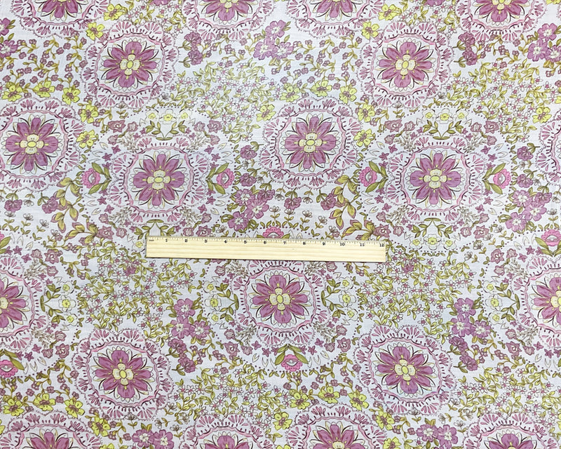 Pink-Yellow-Multi Poly Floral Printed Crinkle Yoryu Chiffon Woven Fabric