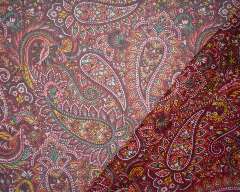 Red-Green-Multi Poly Paisley Printed Crinkle Yoryu Chiffon Woven Fabric